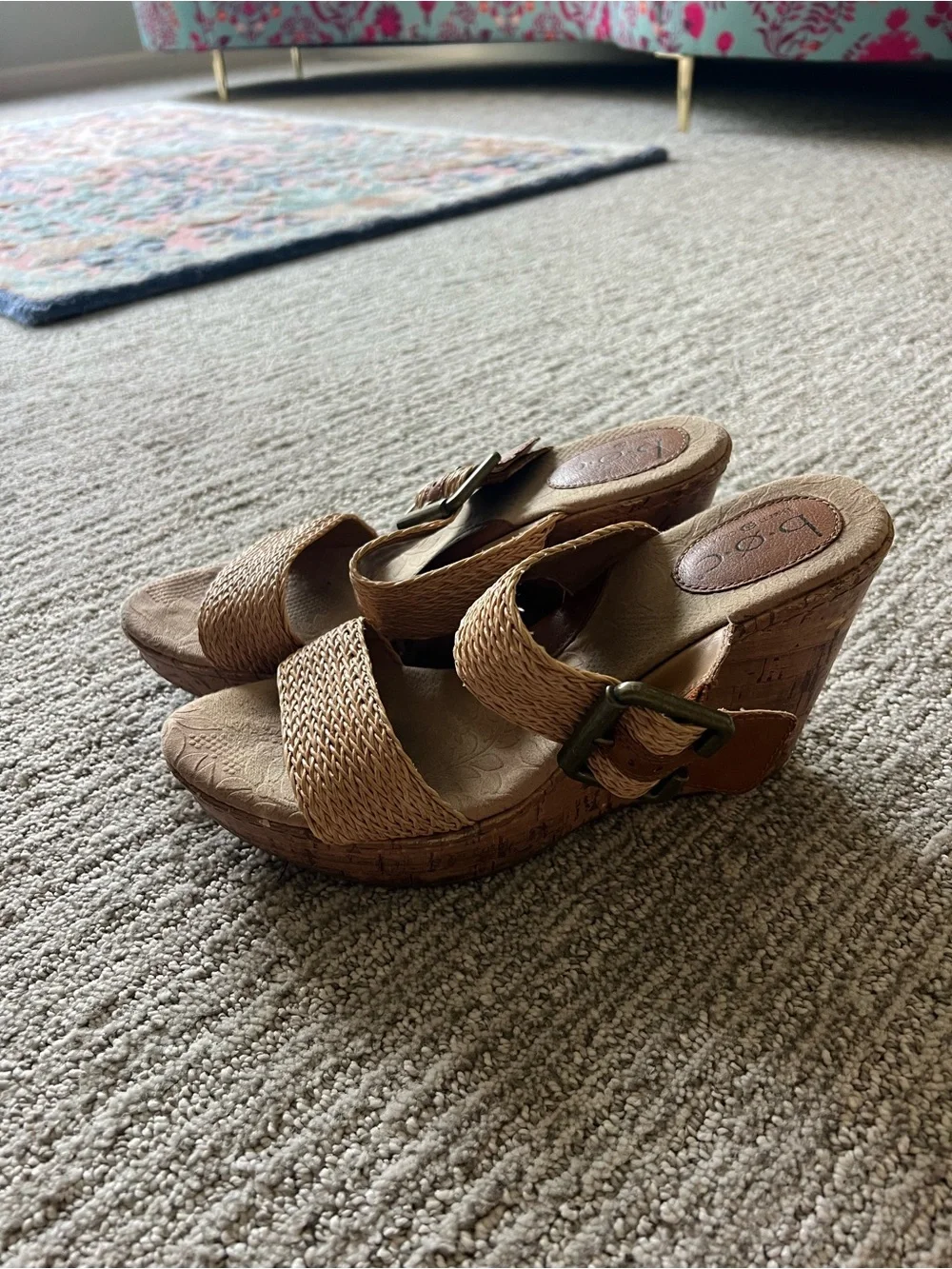b.o.c. Tan Woven Wedge Slide Sandals with Buckle